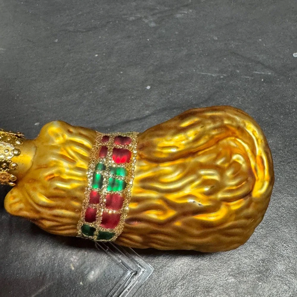 Vintage Blown Glass Cat Christmas Ornament Gold Tabby with Glitter Scarf 3 Inch